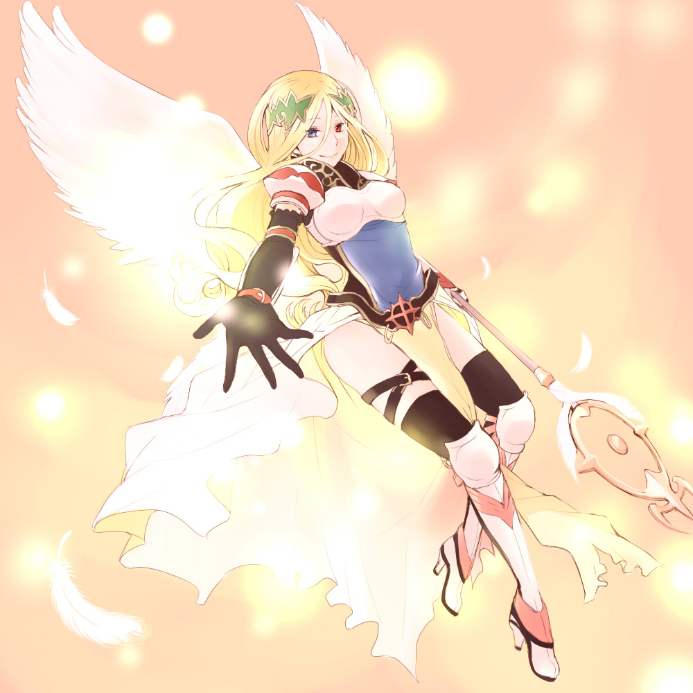 1girl angel_wings armor armored_dress bangs black_gloves black_legwear blonde_hair blue_eyes boots closed_mouth commentary_request elbow_gloves feathered_wings full_body gauntlets gloves heterochromia high_heel_boots high_heels long_hair looking_at_viewer negi_mugiya ragnarok_online red_eyes smile solo staff thigh-highs valkyrie valkyrie_(ragnarok_online) white_wings wings