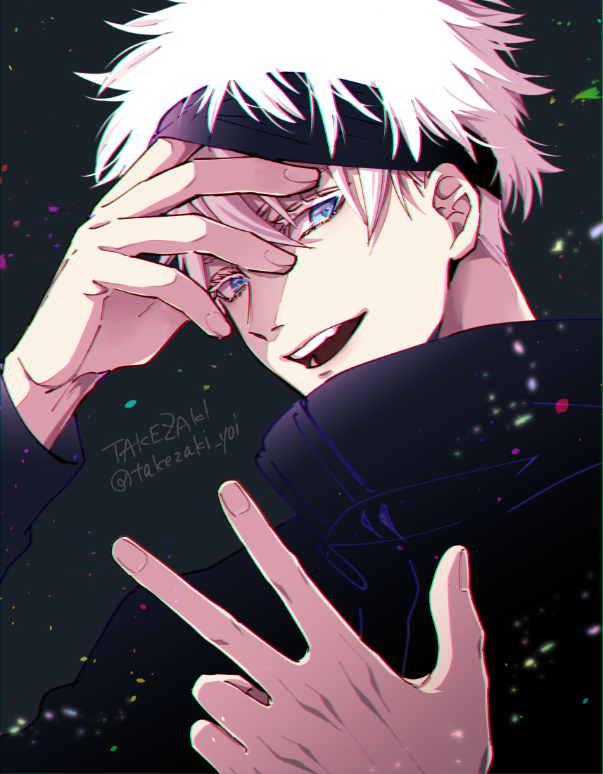 1boy artist_name bangs black_background black_blindfold black_jacket blindfold blindfold_lift blue_eyes eyelashes gojou_satoru hair_between_eyes hands_up high_collar jacket jujutsu_kaisen long_sleeves looking_at_viewer male_focus open_mouth short_hair smile solo takezaki_(artist) twitter_username upper_body v white_hair