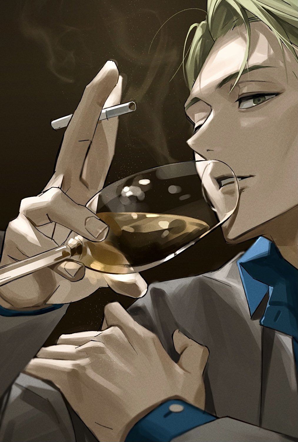 1boy bangs black_background black_eyes blonde_hair blue_shirt cigarette collared_shirt cup dress_shirt drinking_glass grey_jacket highres holding holding_cigarette holding_cup jacket jujutsu_kaisen keki_chogyegi long_sleeves looking_at_viewer male_focus nanami_kento parted_lips shirt short_hair smoke solo upper_body wine_glass