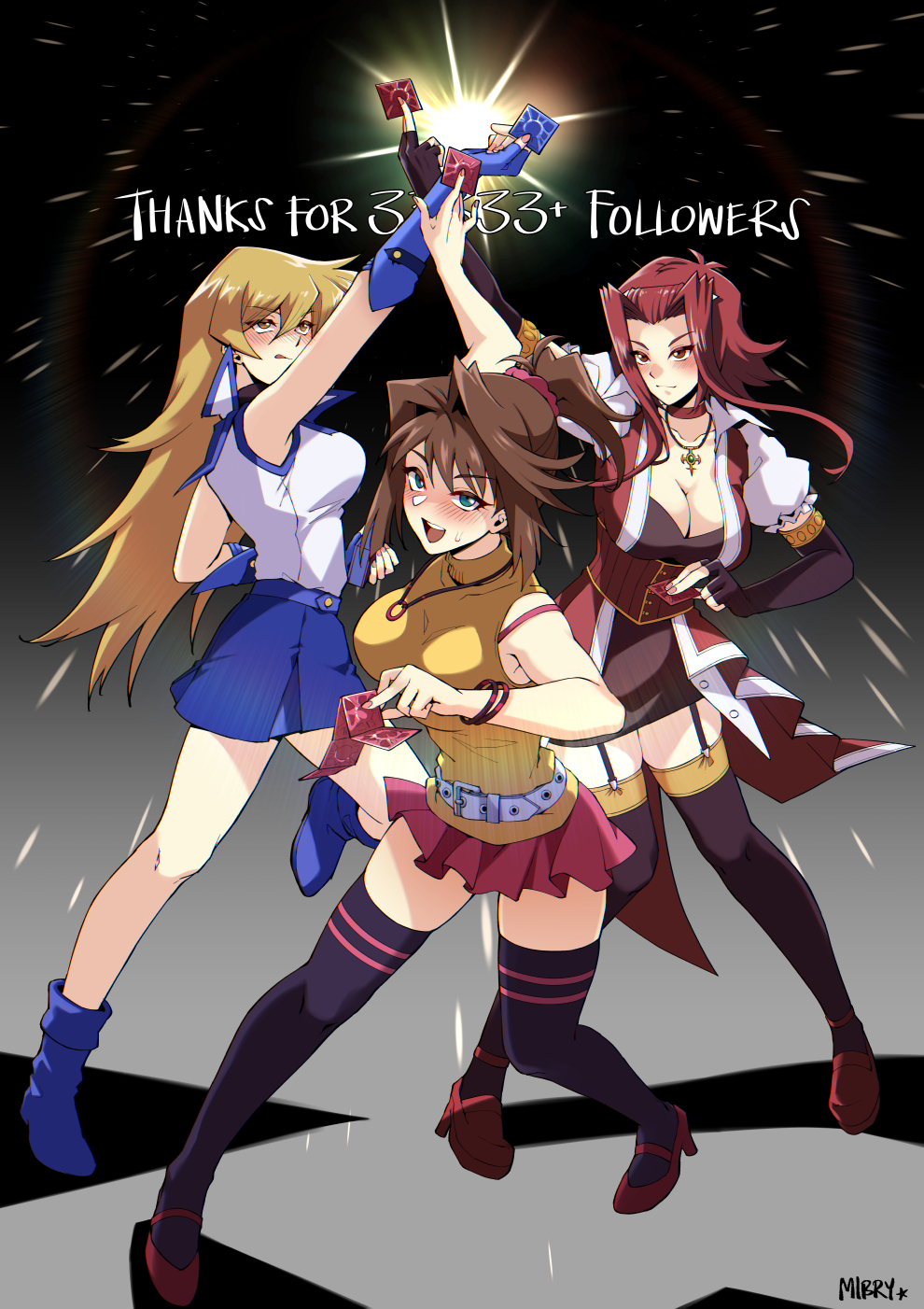 3girls brown_hair english_text izayoi_aki long_hair mazaki_anzu mibry_(phrysm) parody red_head sidelocks tenjouin_asuka yuu-gi-ou yuu-gi-ou_5d's yuu-gi-ou_duel_monsters yuu-gi-ou_gx