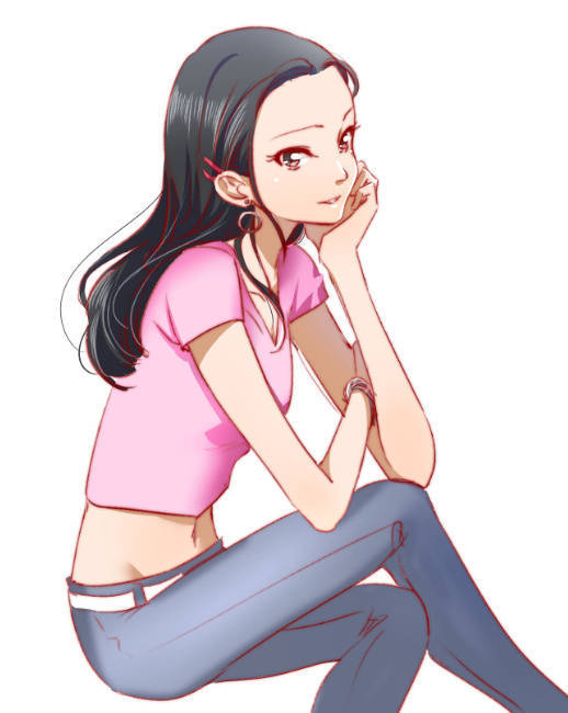 1girl black_hair blue_pants bracelet brown_eyes code_geass collarbone crossed_legs denim earrings elisabeth_delmas from_side groin hair_ornament hairclip head_rest jewelry long_hair midriff morihaw navel pants parted_lips pink_shirt shiny shiny_hair shirt short_sleeves simple_background smile solo stomach white_background