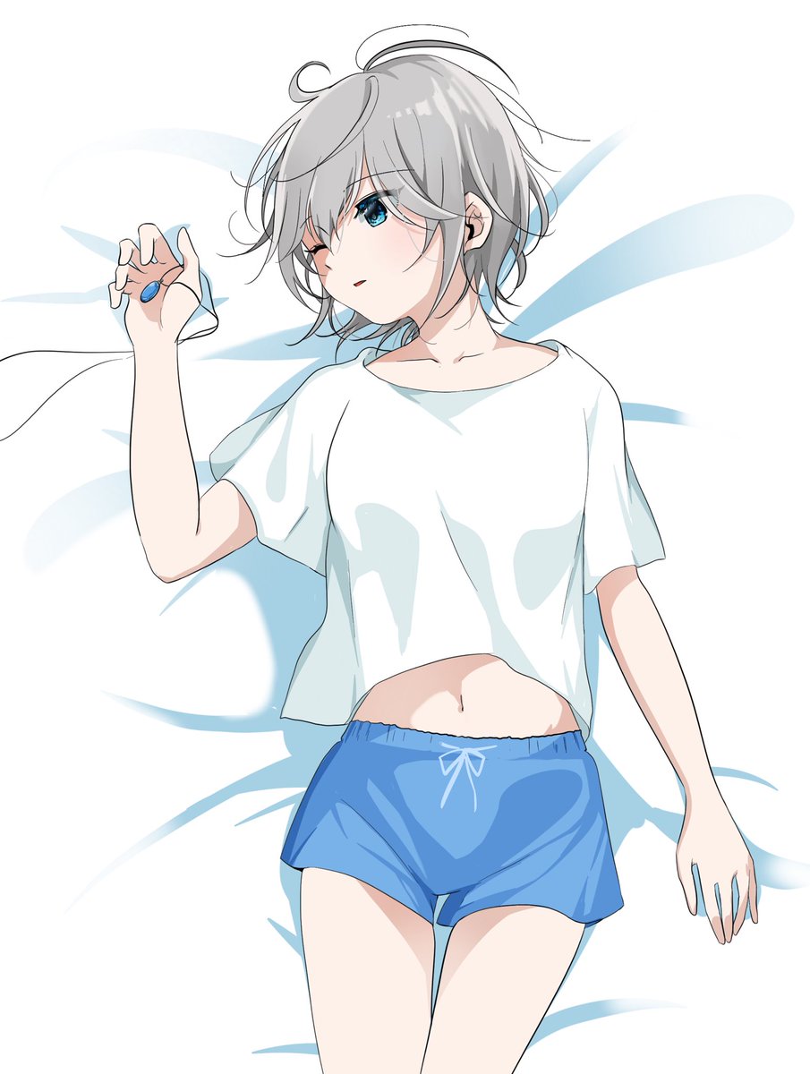 1girl anastasia_(idolmaster) bangs blue_eyes blue_shorts collarbone cowboy_shot eyebrows_visible_through_hair from_above hair_between_eyes haruno_(haruno_na) highres idolmaster idolmaster_cinderella_girls looking_to_the_side lying midriff navel on_back one_eye_closed shiny shiny_hair shirt short_hair short_shorts short_sleeves shorts silver_hair solo stomach thigh_gap white_shirt