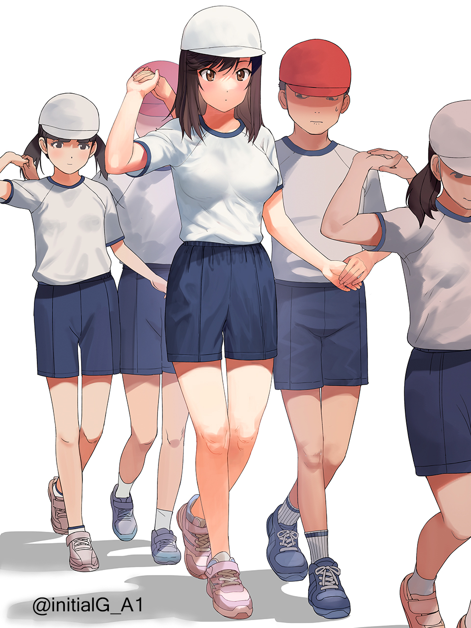 3boys 3girls a1 baseball_cap blue_shorts breasts brown_hair commentary_request dancing full_body gym_shirt gym_uniform hat highres holding_hands ichijou_hotaru large_breasts looking_at_breasts medium_hair multiple_boys multiple_girls non_non_biyori shirt shoes shorts size_difference sneakers solo_focus sports_festival tall_female twitter_username white_background