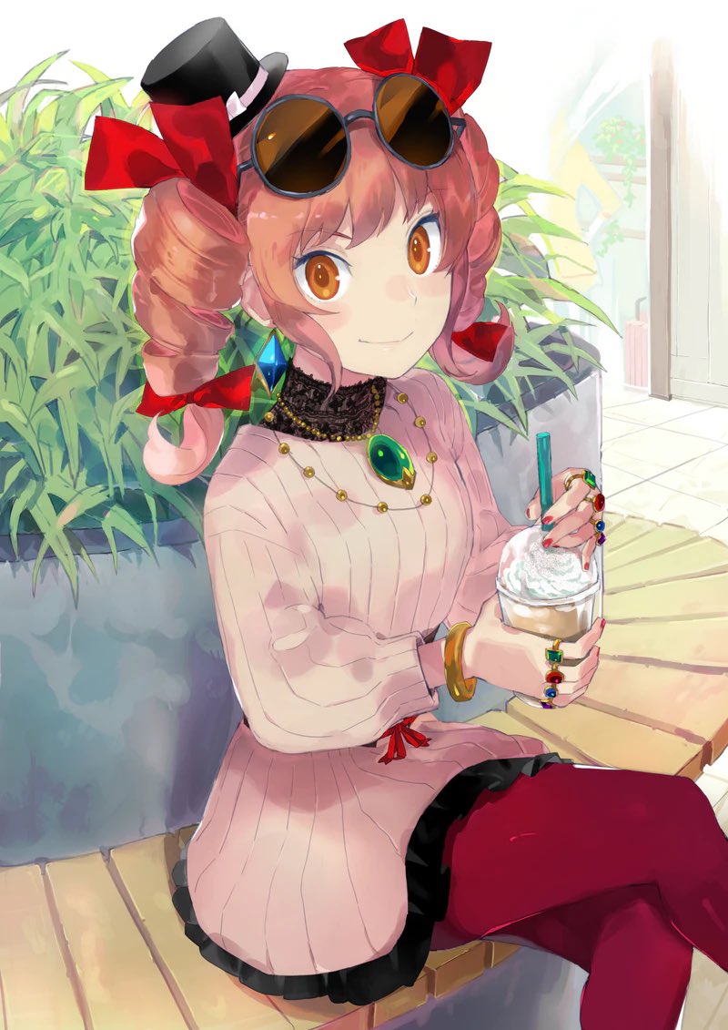 1girl aisutabetao alternate_costume bangle blush bracelet closed_mouth collared_dress commentary_request dress drill_hair drink drinking_straw earrings eyewear_on_head food_request frilled_dress frills gold hair_ribbon hat holding holding_drink jewelry lace-trimmed_collar lace_trim long_sleeves looking_at_viewer mini_hat mini_top_hat necklace orange_eyes pantyhose pendant pink_dress plant red_legwear red_ribbon ribbon ring round_eyewear sitting smile solo spider_plant sunglasses top_hat touhou tsurime twin_drills yorigami_jo'on