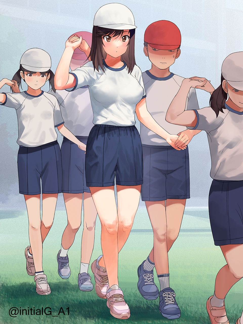 3boys 3girls a1 baseball_cap blue_shorts breasts brown_hair commentary_request dancing full_body gym_shirt gym_uniform hat highres holding_hands ichijou_hotaru large_breasts looking_at_breasts medium_hair multiple_boys multiple_girls non_non_biyori shirt shoes shorts size_difference sneakers solo_focus sports_festival twitter_username