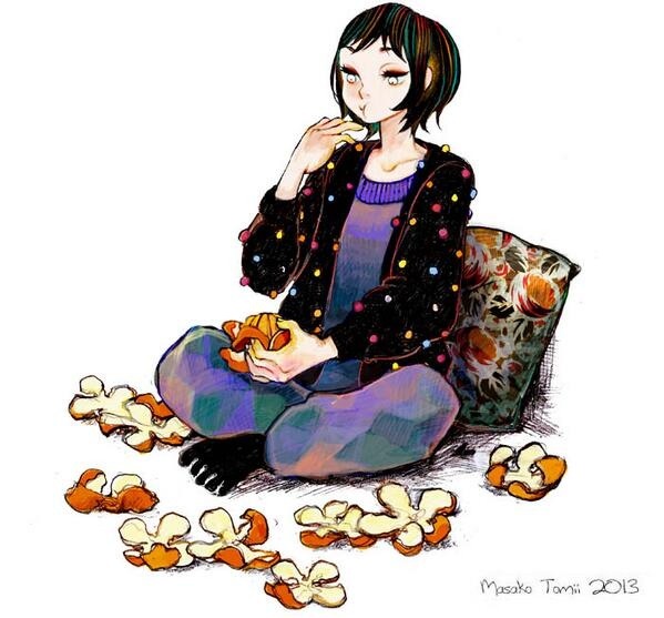 1girl bangs black_cardigan black_hair cardigan dated eating food fruit grey_pants grey_shirt orange_(food) orange_peel original pants pillow shirt short_hair signature simple_background solo tomidoron white_background white_eyes