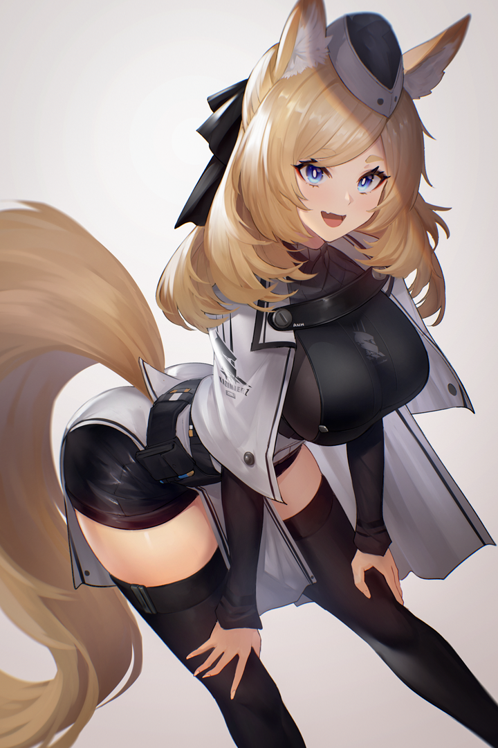 1girl :d animal_ear_fluff animal_ears arknights bangs black_headwear black_legwear black_ribbon black_shorts blonde_hair blue_eyes breasts cape commentary_request edward_montenegro fang feet_out_of_frame grey_background hair_ribbon large_breasts large_tail long_hair looking_at_viewer open_mouth ribbon short_shorts shorts skin_fang smile solo tail thigh-highs thighs whislash_(arknights) white_cape