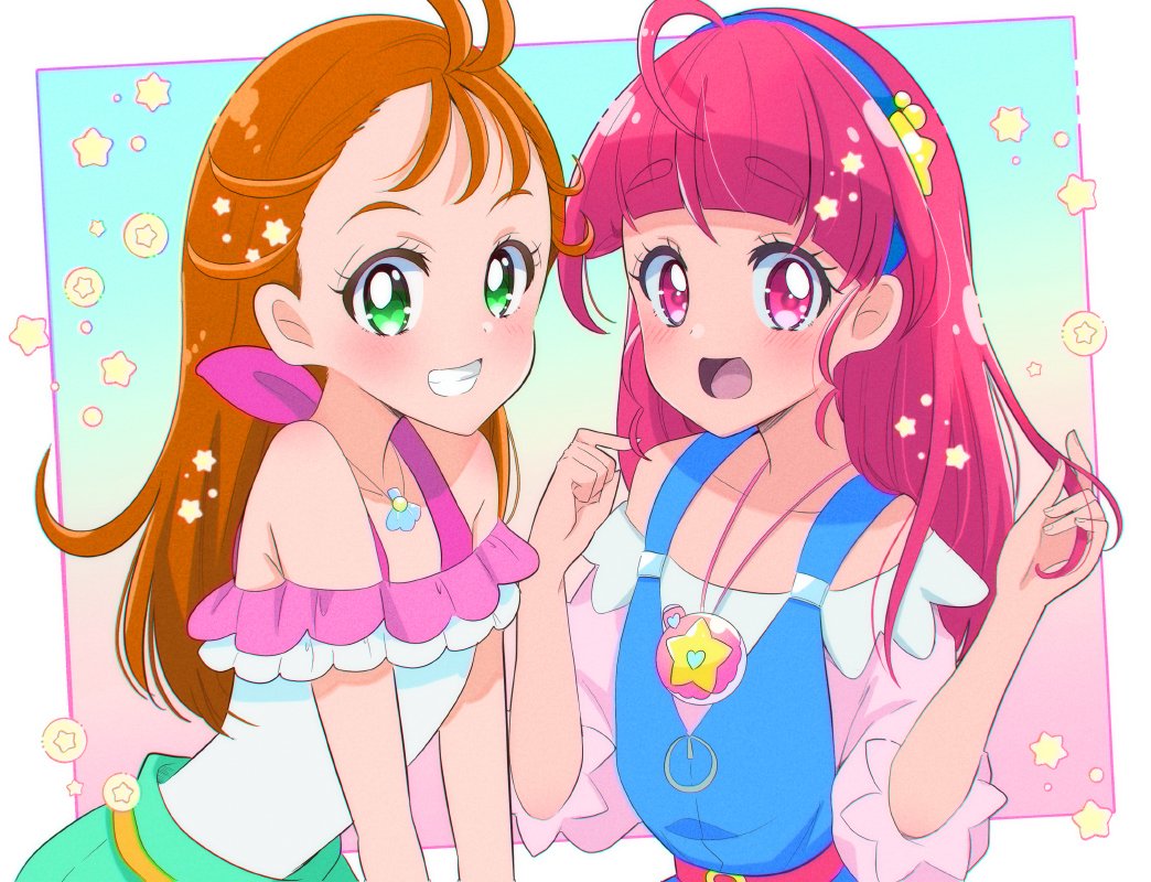 2girls ahoge bare_shoulders blue_hairband clenched_teeth commentary_request eyebrows_visible_through_hair green_eyes hair_down hairband hoshina_hikaru jewelry juugoya_neko long_hair looking_at_viewer multiple_girls natsuumi_manatsu necklace open_mouth orange_hair pink_eyes pink_hair precure smile star_twinkle_precure teeth thick_eyebrows tropical-rouge!_precure