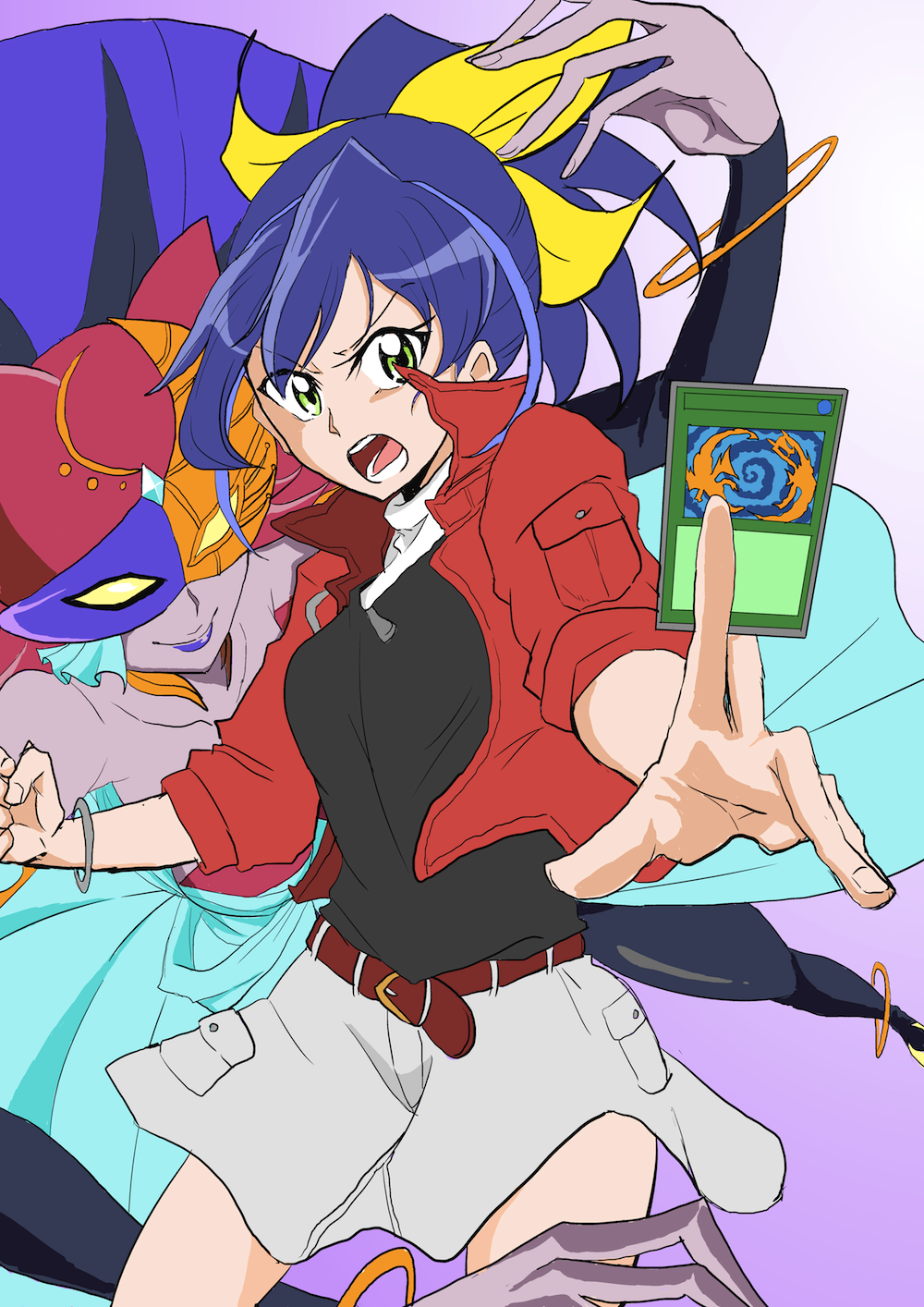 2girls belt blue_hair bracelet high_ponytail jacket lunalight_cat_dancer multicolored_hair ringo_nabe serena_(yuu-gi-ou_arc-v) yellow_bow yuu-gi-ou yuu-gi-ou_arc-v