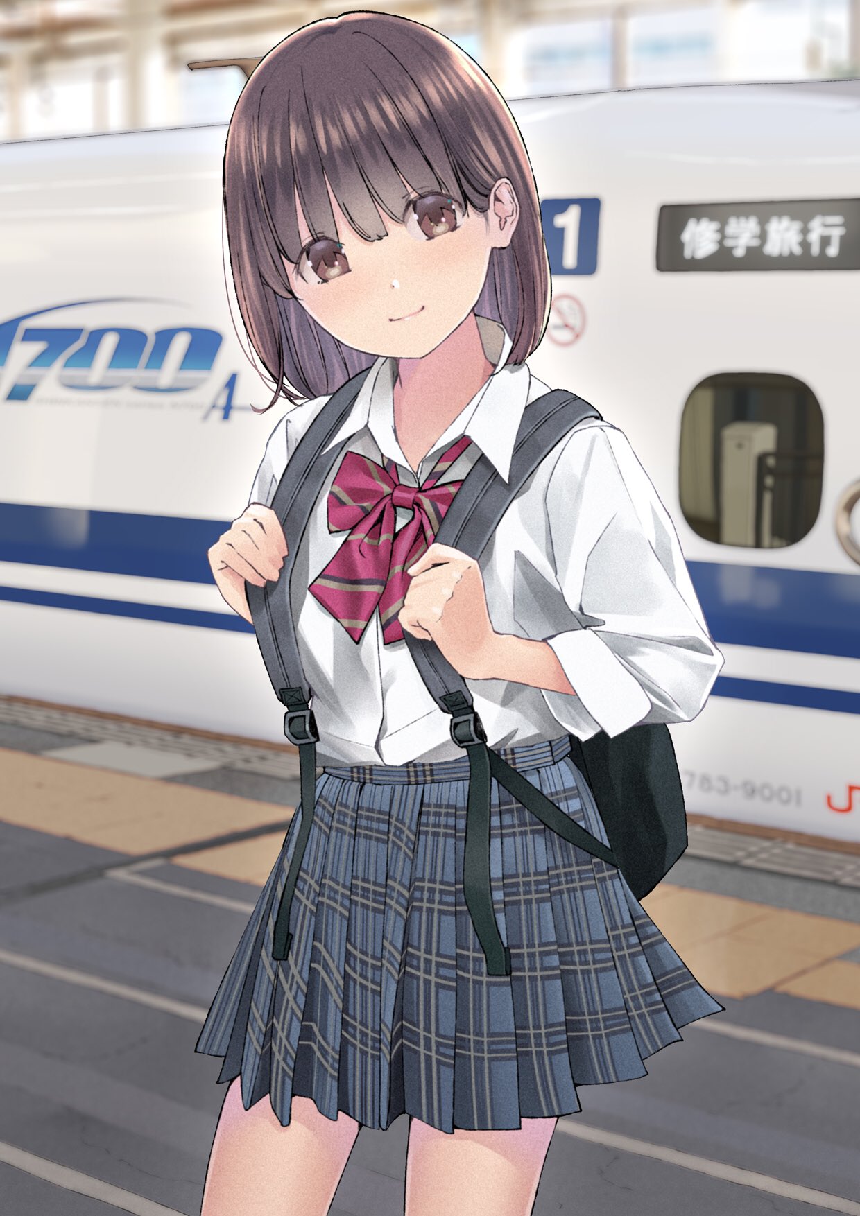 1girl backpack bag blue_skirt blurry blurry_background blush bow bowtie brown_eyes brown_hair chikuwa_(odennabe) closed_mouth collared_shirt ground_vehicle head_tilt highres long_sleeves looking_at_viewer original plaid plaid_neckwear plaid_skirt pleated_skirt red_neckwear school_uniform shirt short_hair skirt smile solo standing train train_station white_shirt