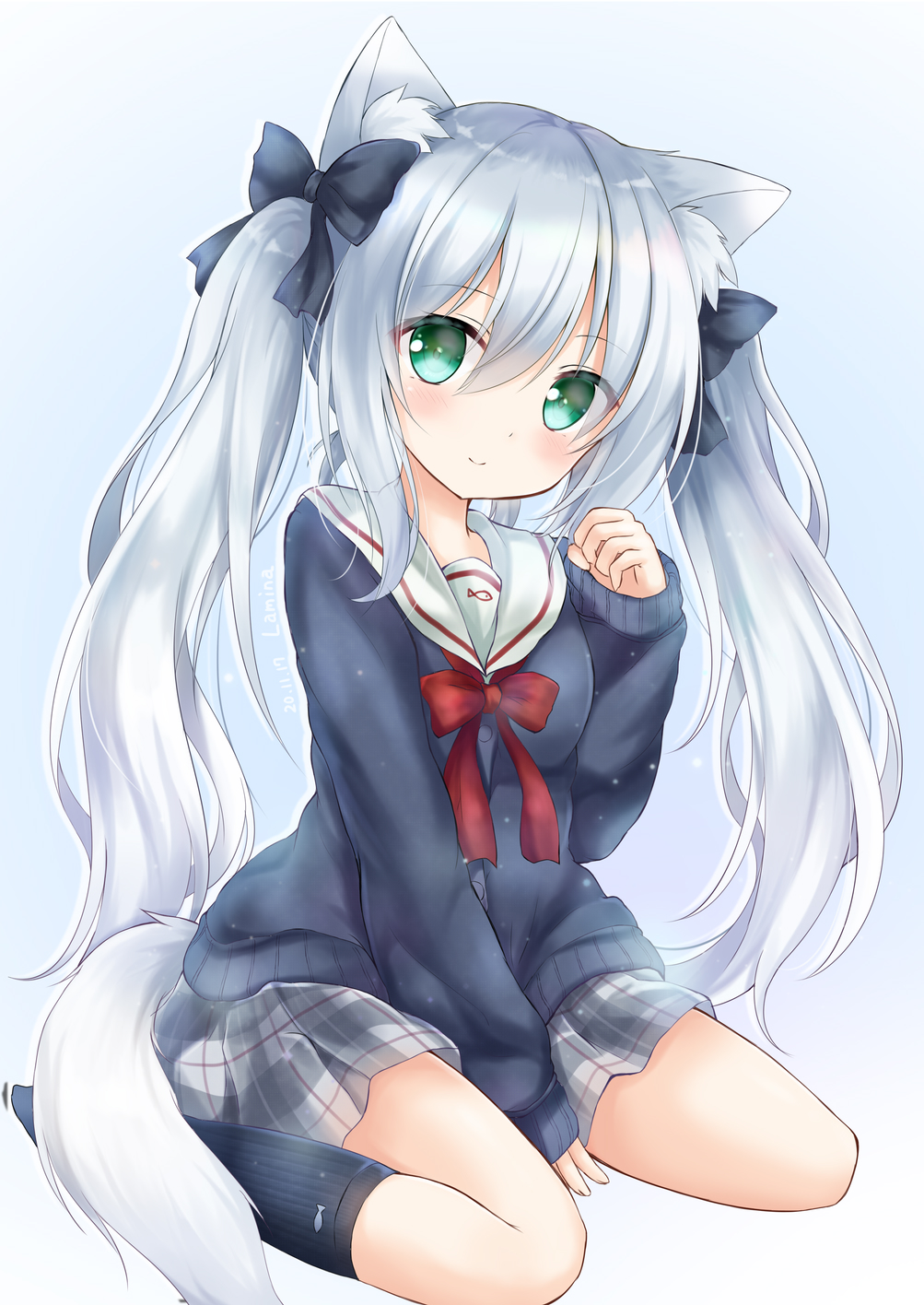 1girl animal_ear_fluff animal_ears animal_print between_legs bow breasts cat_ears cat_tail fish_print full_body green_eyes hair_bow hand_between_legs highres kata_rosu long_hair long_sleeves miniskirt original plaid plaid_skirt sailor_collar school_uniform silver_hair sitting skirt sleeves_past_wrists smile sweater tail twintails wariza