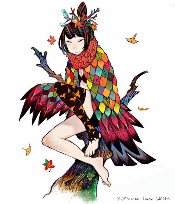 1girl asymmetrical_legwear autumn_leaves bangs barefoot black_hair branch colorful dated feathers ginkgo_leaf hair_bun knee_up leaf looking_at_viewer original red_scarf scarf signature simple_background smile solo tomidoron white_background white_eyes