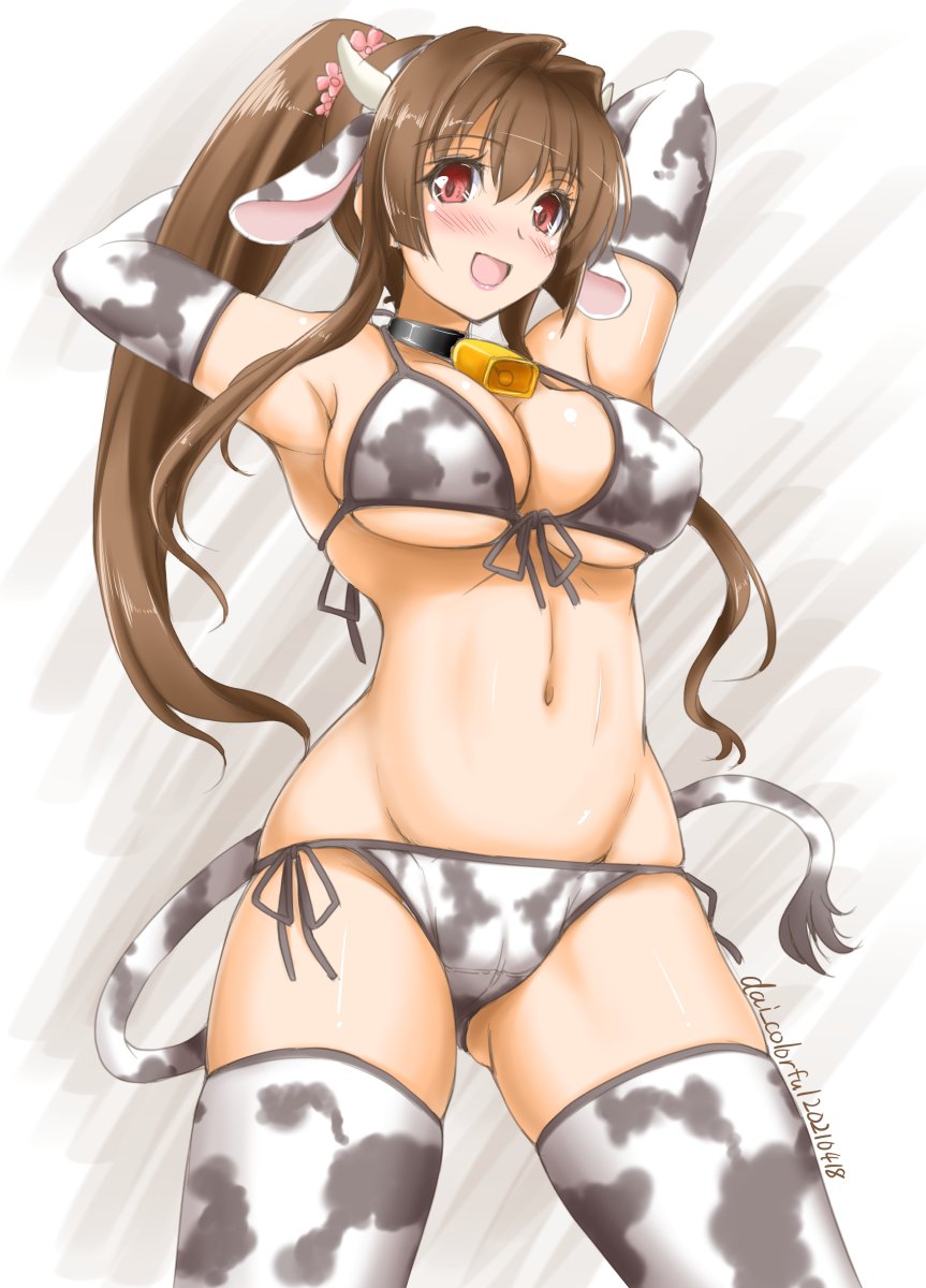 1girl akimoto_dai animal_ears arms_behind_head artist_name bikini brown_hair cherry_blossoms commentary_request cow_ears cow_horns cow_tail cowboy_shot fake_animal_ears fake_horns flower front-tie_top groin hair_flower hair_ornament highres horns kantai_collection long_hair ponytail red_eyes side-tie_bikini smile solo swimsuit tail thigh-highs white_legwear yamato_(kancolle)