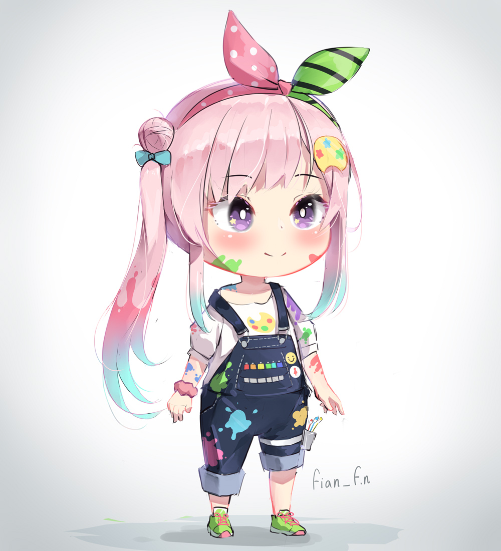 1girl airani_iofifteen artist_name badge blue_bow bow chibi eyebrows_visible_through_hair fian_f.n gradient_hair green_footwear green_ribbon hair_bow hair_bun hair_ribbon hololive hololive_indonesia multicolored_hair off_shoulder overalls paint_on_body paint_on_clothes paint_on_face paint_stains paint_tube paintbrush palette pants pants_rolled_up pink_hair pink_ribbon ribbon scrunchie shirt shoes side_ponytail simple_background sleeves_rolled_up smiley_face violet_eyes white_background white_shirt