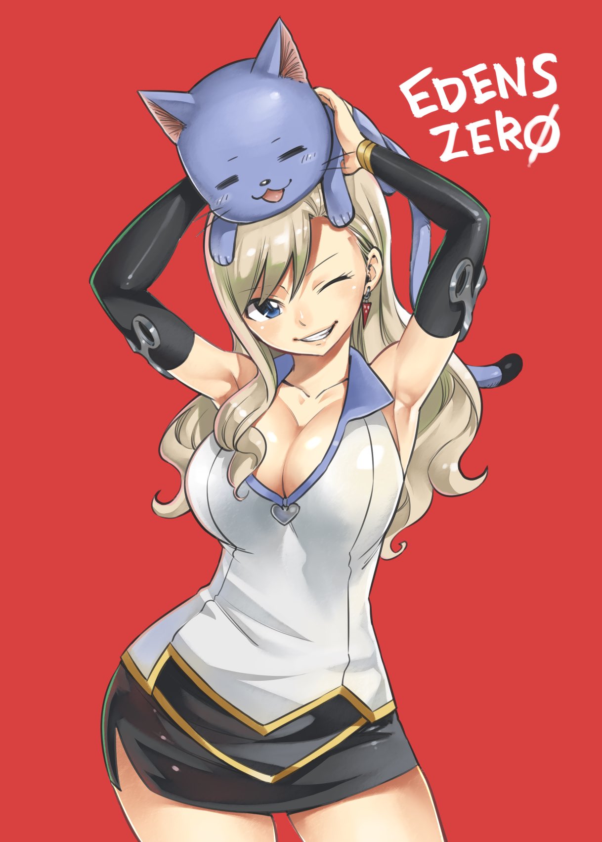 1girl blonde_hair blue_eyes breasts eden's_zero happy_(eden's_zero) highres jewelry large_breasts mashima_hiro one_eye_closed rebecca_bluegarden skirt twitter