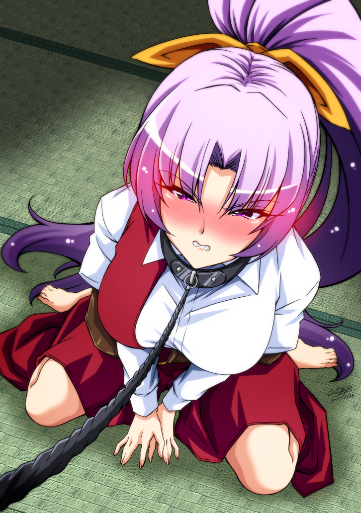 1girl angry animal_collar bangs bare_legs barefoot belt black_collar blush breasts brown_belt clenched_teeth closed_mouth collar collared_shirt commentary_request dated dress eyebrows_visible_through_hair fingernails hands_on_ground large_breasts lips long_hair long_sleeves looking_at_viewer nose_blush parted_bangs ponytail purple_hair red_dress rope shiny shiny_hair shiny_skin shirt signature sitting solo tatami tatsuya_(guild_plus) teeth thighs toenails touhou underwear violet_eyes wariza watatsuki_no_yorihime wet wet_hair white_shirt wing_collar wrist_cuffs