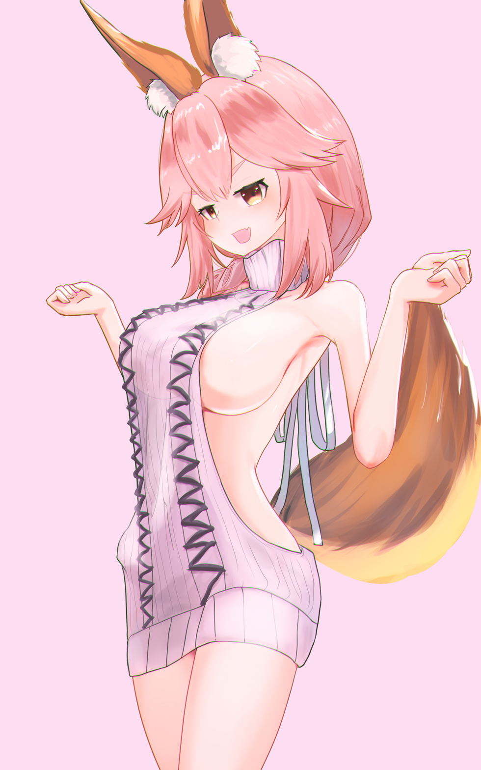 1girl animal_ear_fluff animal_ears artist_request backless_dress backless_outfit breasts dress eyebrows_visible_through_hair fang fate/extra fate/grand_order fate_(series) fox_ears fox_girl fox_tail highres large_breasts legs legs_together looking_down meme_attire no_bra open_mouth pink_hair sideboob skin_fang solo sweater sweater_dress tail tamamo_(fate)_(all) tamamo_no_mae_(fate) thighs turtleneck turtleneck_sweater type-moon virgin_killer_sweater yellow_eyes