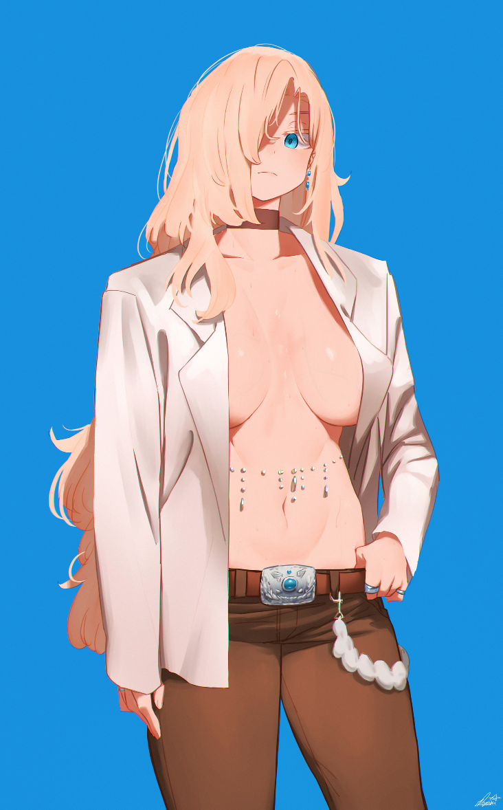 1girl bangs belt blazer blonde_hair blue_background blue_eyes breasts choker commentary denim earrings english_commentary hair_over_one_eye jacket jeans jewelry large_breasts long_hair long_sleeves looking_at_viewer miami-chan_(ryusei_hashida) navel original pants ring ryusei_hashida simple_background solo white_jacket