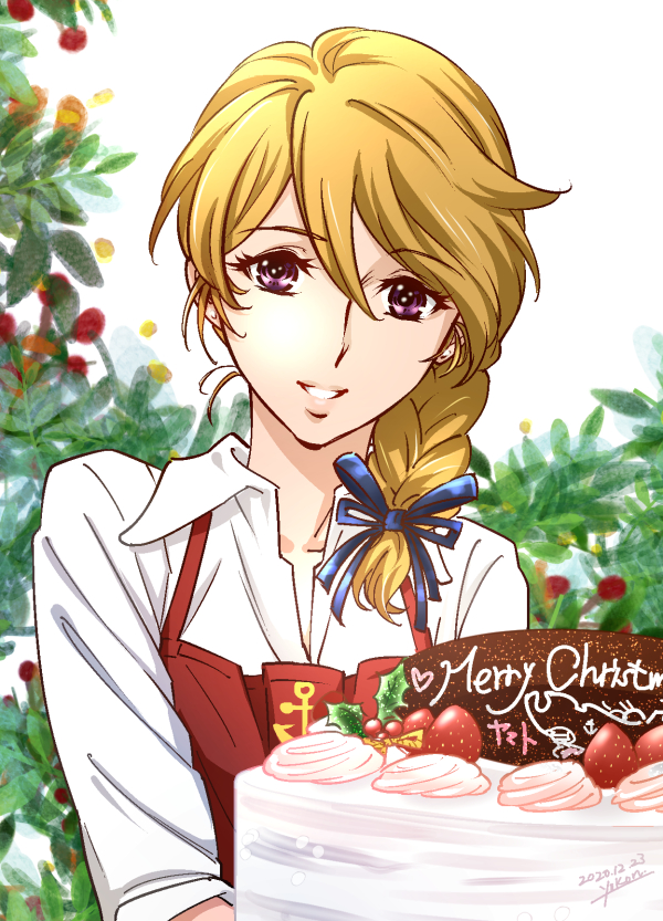 1girl apron bangs blonde_hair blue_ribbon braid cake collarbone collared_shirt dress_shirt earrings eyebrows_visible_through_hair food grin hair_between_eyes hair_over_shoulder hair_ribbon jewelry long_hair merry_christmas mori_yuki red_apron ribbon shiny shiny_hair shirt single_braid smile solo swept_bangs uchuu_senkan_yamato upper_body violet_eyes white_shirt wing_collar yokon2199