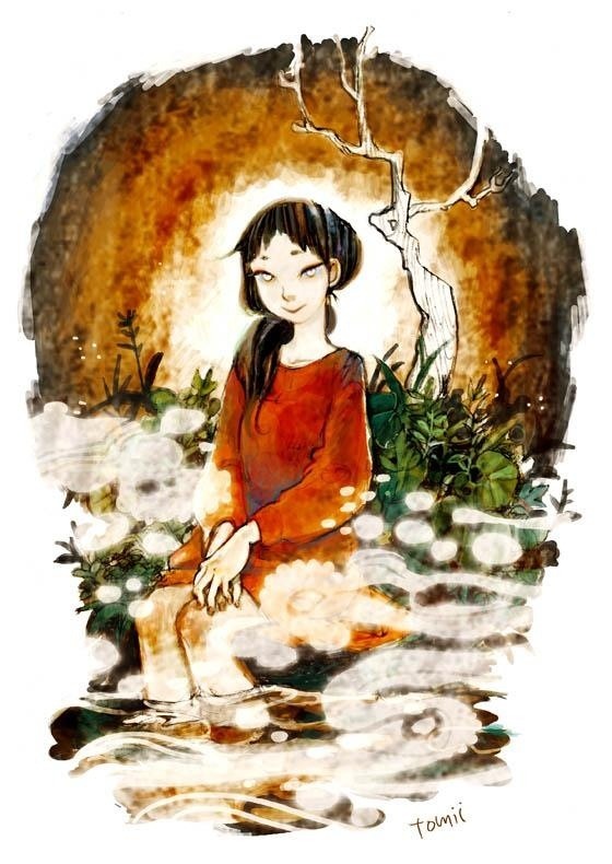1girl black_hair dress hands_together leaf long_hair long_sleeves looking_at_viewer original plant red_dress sitting solo tomidoron white_eyes
