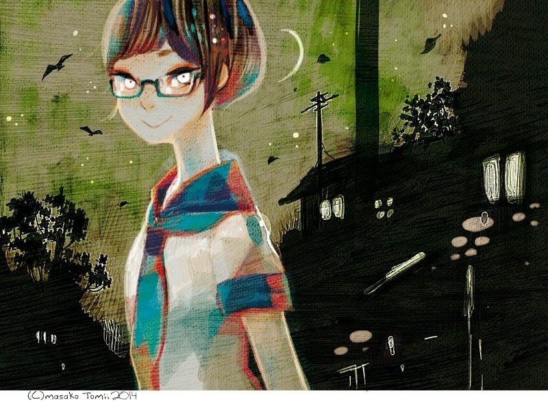 1girl bird brown_hair building crescent_moon freckles glasses leaf looking_at_viewer moon neckerchief original outdoors plant shirt short_hair short_sleeves smile solo tomidoron tree upper_body white_eyes white_shirt