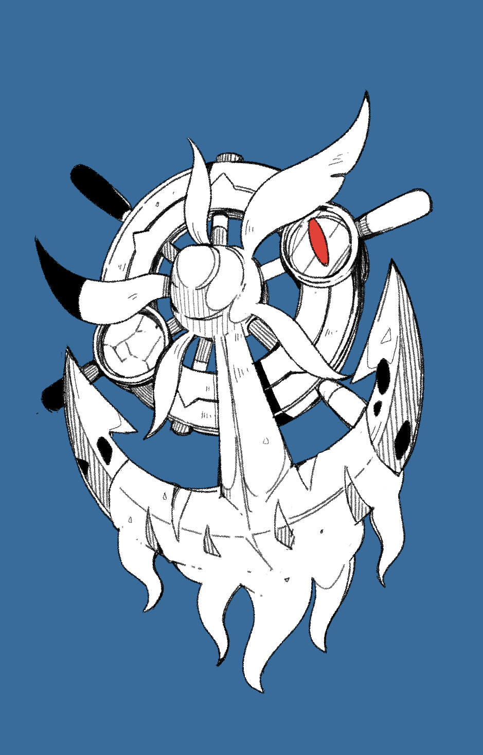 anchor blue_background dhelmise full_body gen_7_pokemon helmet highres looking_at_viewer ma_sakasama no_humans pokemon pokemon_(creature) red_eyes ship's_wheel simple_background solo