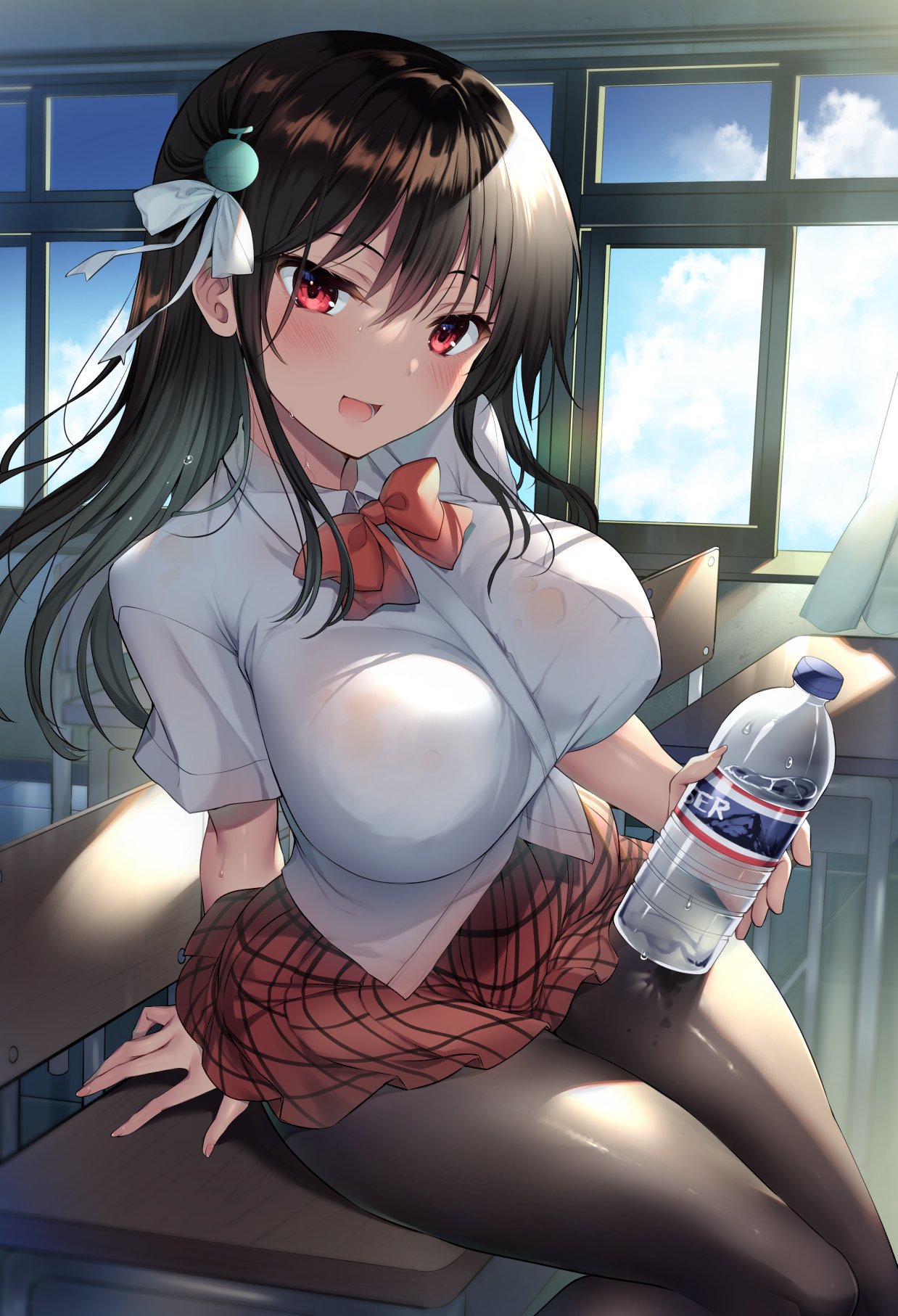 1girl :d bangs black_hair black_legwear blue_sky blush bottle breasts chair classroom collared_shirt commentary curtains day desk hair_ribbon highres holding holding_bottle large_breasts lower_teeth medium_hair on_desk open_mouth original pantyhose pleated_skirt red_eyes red_neckwear red_skirt ribbon sanshoku_amido school_chair school_desk school_uniform see-through shirt short_sleeves sitting sitting_on_desk skirt sky smile solo taut_clothes taut_shirt water_bottle white_shirt window