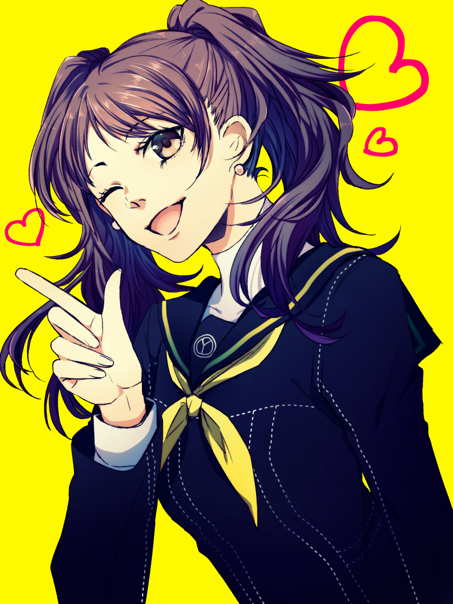 1girl ;d black_sailor_collar black_shirt brown_eyes brown_hair dutch_angle earrings eyebrows_visible_through_hair heart highres index_finger_raised jewelry kujikawa_rise long_hair long_sleeves neckerchief one_eye_closed open_mouth persona persona_4 sailor_collar sailor_shirt school_uniform shiny shiny_hair shirt smile solo tokiji turtleneck twintails upper_body yasogami_school_uniform yellow_background yellow_neckwear