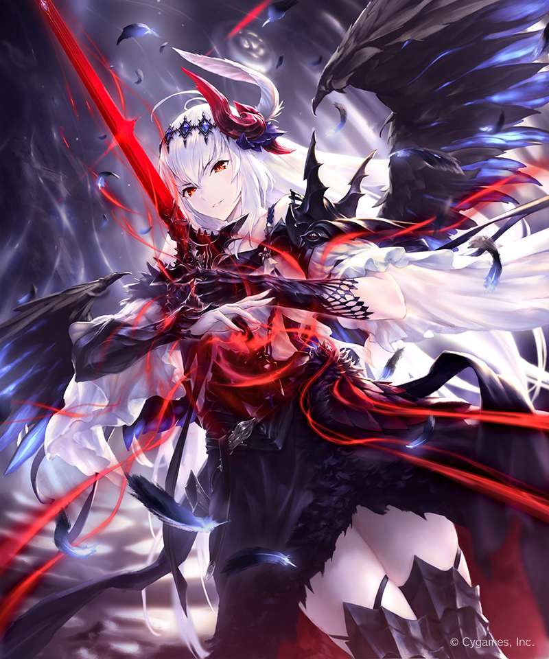 1girl armor bangs cygames dark_jeanne feathers hair_feathers hair_ornament hisakata_souji jeanne_d'arc_(granblue_fantasy) long_hair looking_at_viewer red_eyes shadowverse single_vambrace smile solo sword weapon white_hair wings
