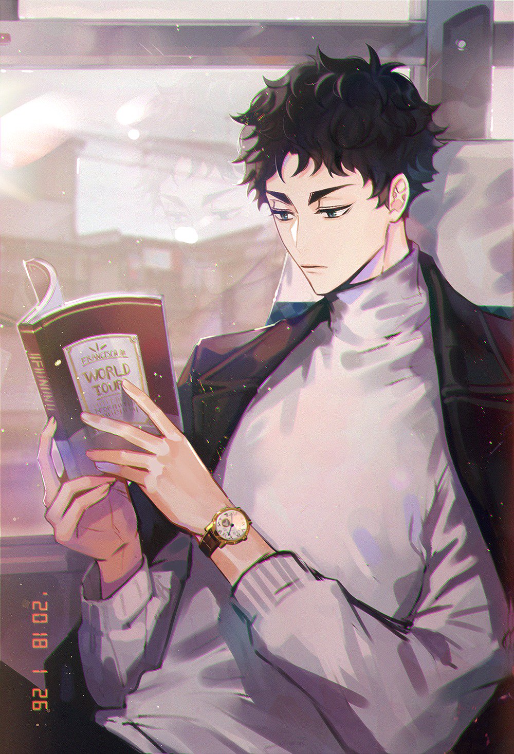 1boy akaashi_keiji bag bangs black_hair book clothes_on_shoulders dated green_eyes haikyuu!! highres holding holding_bag looking_away male_focus reading ri_mumu short_hair solo turtleneck watch watch