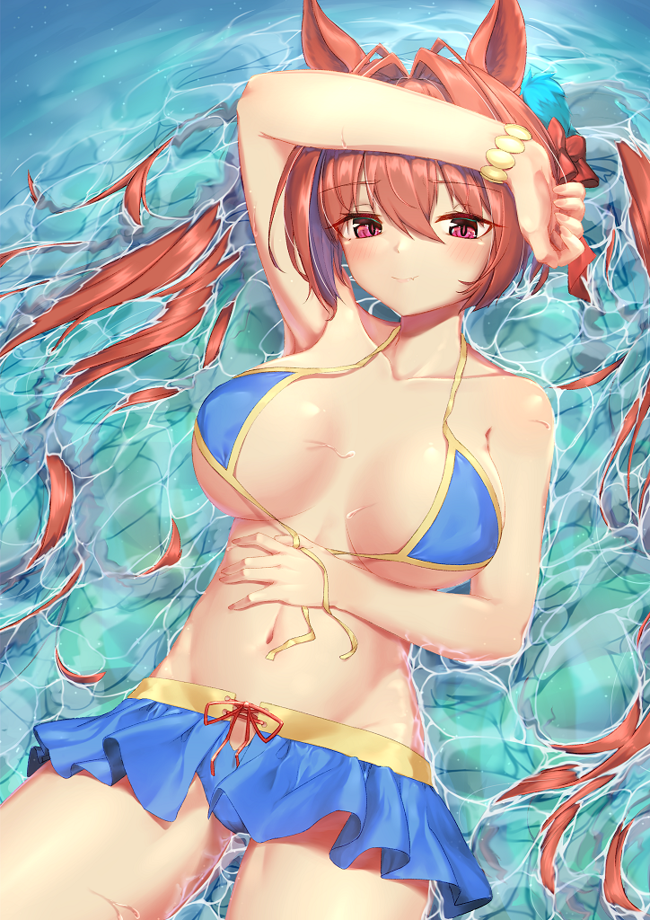 1girl animal_ears bikini bikini_skirt blue_bikini blush bow bracelet breasts breasts_apart brown_hair commentary_request daiwa_scarlet_(umamusume) fang front-tie_bikini front-tie_top hair_bow horse_ears horse_girl jewelry large_breasts long_hair looking_at_viewer lying navel on_back partially_submerged red_bow red_eyes silhouette90 smile solo swimsuit swimwear twintails umamusume untied untied_bikini very_long_hair water