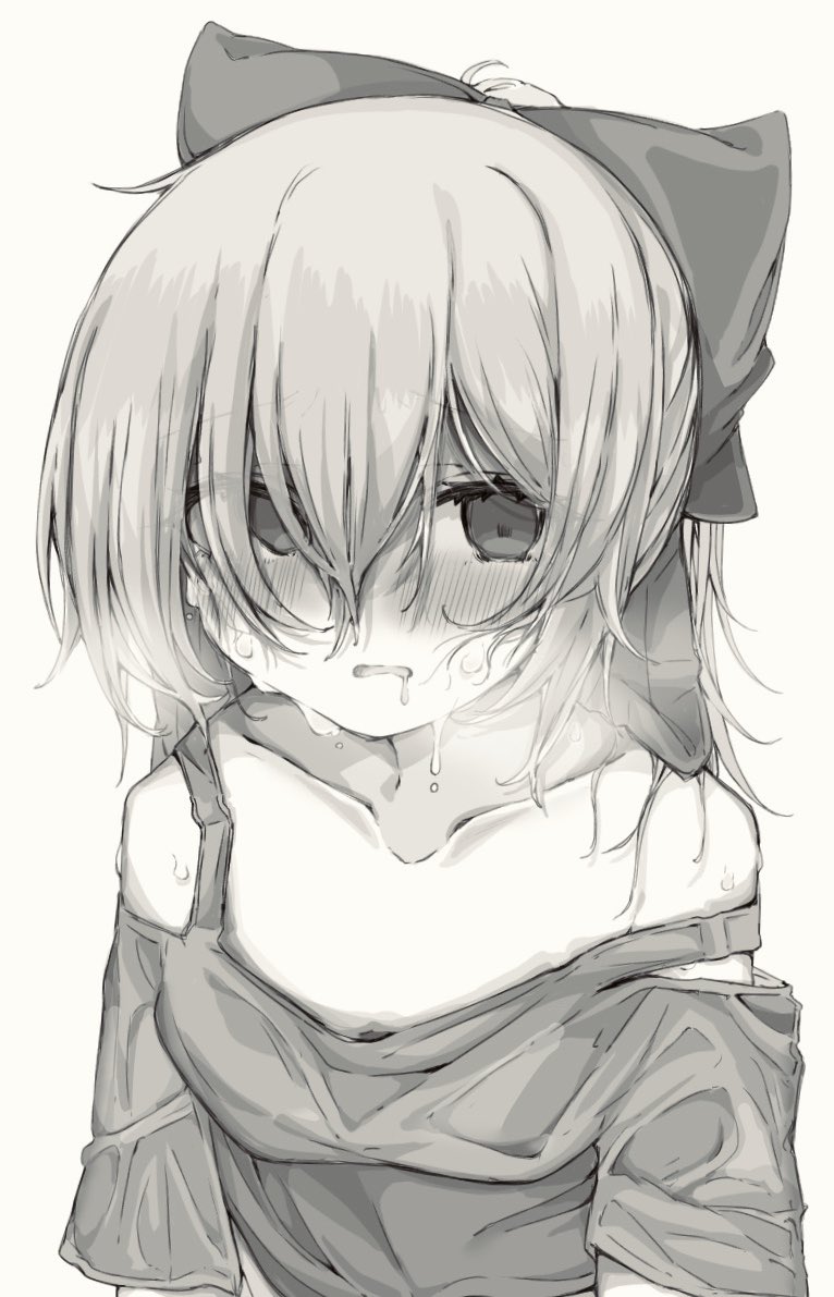 1girl bare_shoulders bow breath commentary crop_top cropped_shirt exhausted hair_bow long_hair looking_at_viewer monochrome mushoku_loli mushoku_loli_(character) original strap_slip sweat