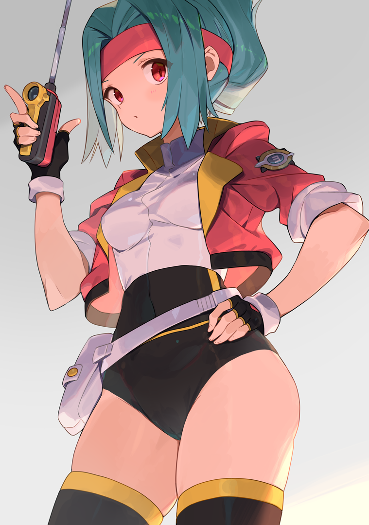 1girl aqua_hair belt black_gloves black_legwear blush breasts covered_navel cropped_jacket fingerless_gloves gloves gradient gradient_background grey_background hand_on_hip headband jacket looking_at_viewer open_clothes open_jacket parted_lips pokemon pokemon_ranger red_eyes red_jacket short_hair short_sleeves small_breasts solana_(pokemon) solo spring20134 thigh-highs thighs two-tone_leotard