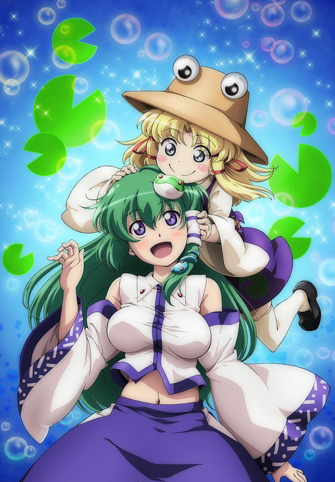 2girls :d blonde_hair blue_eyes blush_stickers breasts brown_headwear closed_mouth commentary_request detached_sleeves eyebrows_visible_through_hair eyes frog_hair_ornament green_hair hair_ornament hair_tubes hands_on_another's_head hat kochiya_sanae large_breasts long_hair looking_at_another lunamoon midriff moriya_suwako multiple_girls navel open_mouth smile snake_hair_ornament thigh-highs touhou white_legwear wide_sleeves