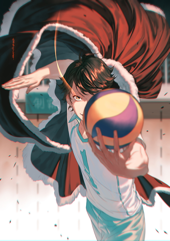 1boy ball bangs blurry brown_eyes brown_hair covered_face glowing glowing_eyes haikyuu!! holding holding_ball kinsatsu_(grizzled) looking_at_viewer male_focus oikawa_tooru_(haikyuu!!) short_hair solo sportswear standing volleyball volleyball_uniform