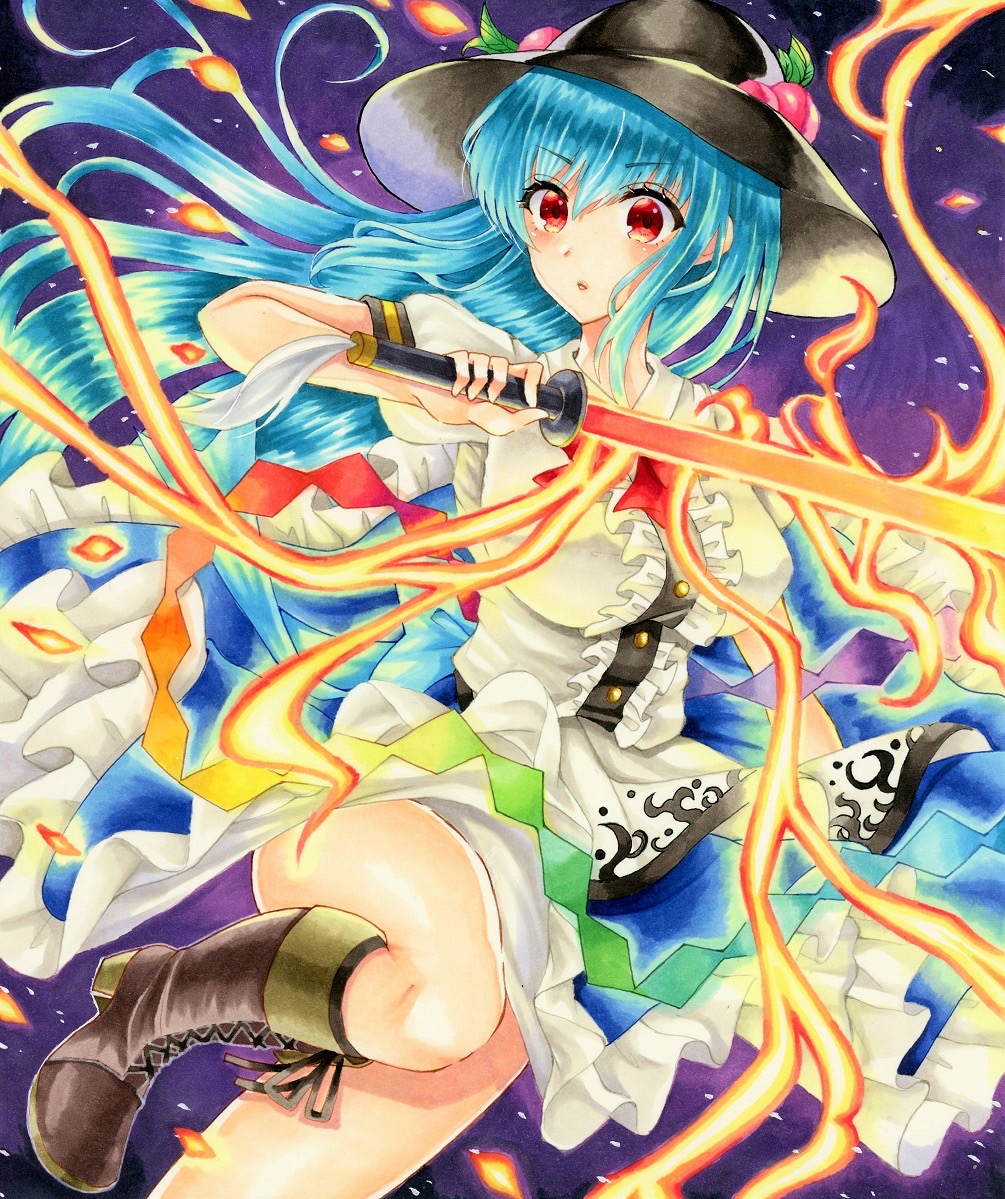 1girl black_headwear blue_hair blue_skirt boots brown_footwear cross-laced_footwear eriwo_(erikana) eyebrows_visible_through_hair frilled_skirt frills hair_between_eyes hinanawi_tenshi knee_boots lace-up_boots long_hair looking_at_viewer puffy_short_sleeves puffy_sleeves red_eyes shirt short_sleeves skirt solo sword_of_hisou touhou v-shaped_eyebrows white_shirt