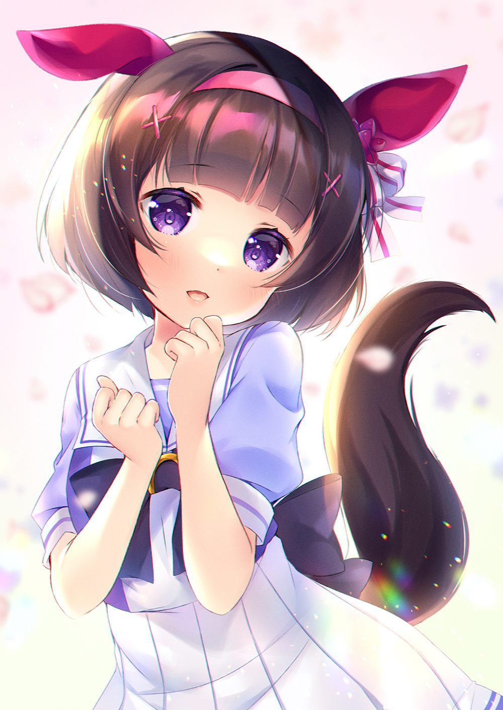 1girl :d animal_ears bangs black_hair blurry blurry_foreground commentary_request depth_of_field eyebrows_visible_through_hair hair_ornament hairband hairclip hands_up head_tilt highres horse_ears horse_girl horse_tail ko_yu looking_at_viewer nishino_flower_(umamusume) open_mouth pink_hairband pleated_skirt puffy_short_sleeves puffy_sleeves purple_shirt school_uniform shirt short_hair short_sleeves skirt smile solo tail tracen_school_uniform umamusume violet_eyes white_skirt x_hair_ornament