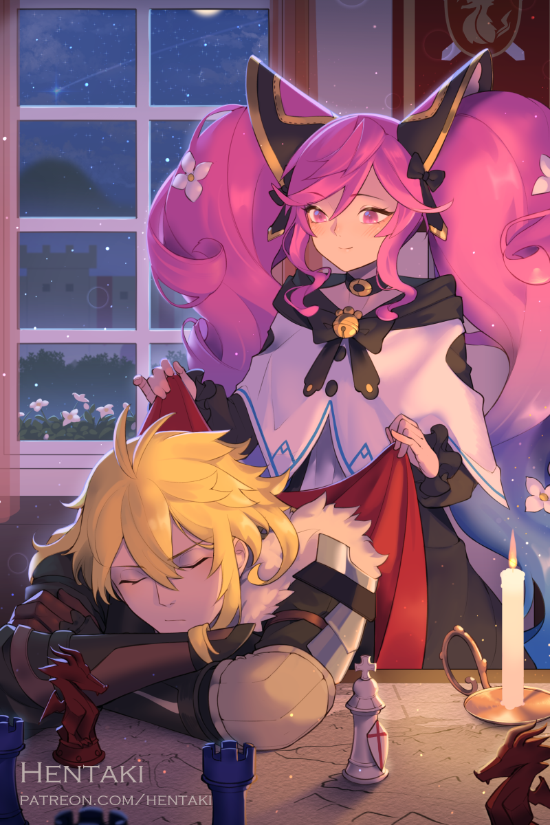 1boy 1girl alberius_(dragalia_lost) artist_name bangs black_dress blonde_hair blue_hair brown_gloves candle capelet cleo_(dragalia_lost) closed_eyes closed_mouth commentary covering_with_blanket crossed_arms curtains dragalia_lost dress english_commentary eyebrows_visible_through_hair fire fur_trim gloves gradient_hair hair_between_eyes hentaki highres indoors long_hair long_sleeves multicolored_hair pink_hair sidelocks smile transparent twintails very_long_hair watermark web_address white_capelet window