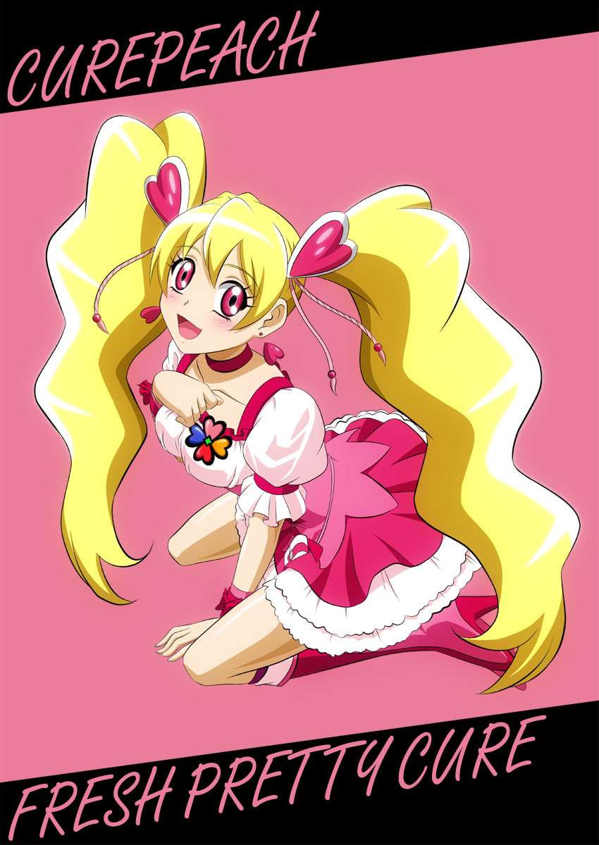 1girl :d bangs between_legs blonde_hair boots character_name choker collarbone copyright_name cure_peach earrings eyebrows_visible_through_hair floating_hair fresh_precure! fuchi_(nightmare) full_body hair_between_eyes hair_ornament hand_between_legs heart heart_earrings heart_hair_ornament high_heel_boots high_heels highres jewelry knee_boots kneeling layered_skirt long_hair miniskirt open_mouth pink_background precure red_choker red_eyes red_footwear red_skirt shiny shiny_hair shirt short_sleeves skirt smile solo twintails two-tone_skirt underbust very_long_hair white_shirt white_skirt