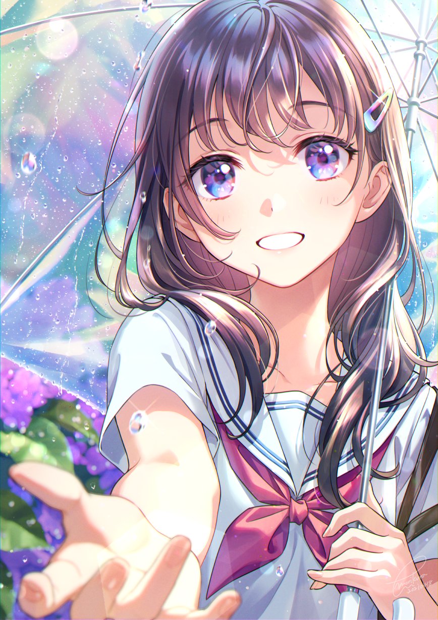 1girl :d bangs blue_eyes blush brown_hair collarbone commentary day english_commentary eyebrows_visible_through_hair flower grin hair_ornament hairclip highres holding holding_umbrella hydrangea long_hair looking_at_viewer morikura_en neckerchief open_mouth original outdoors outstretched_arm rain red_neckwear sailor_collar school_uniform serafuku shirt short_sleeves smile solo sunlight teeth transparent transparent_umbrella umbrella water water_drop white_sailor_collar white_shirt