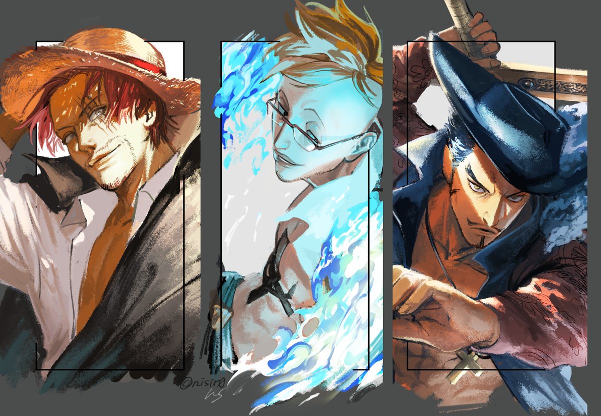 3boys artist_name beard black_coat black_eyes black_hair black_headwear blonde_hair blue_fire chest_tattoo closed_mouth coat collared_shirt commentary_request cross cross_necklace dracule_mihawk facial_hair fingernails fire glasses grey_eyes hand_on_headwear hat holding holding_weapon jewelry latin_cross looking_at_viewer looking_away looking_to_the_side male_focus marco_(one_piece) multiple_boys mustache necklace nisir0 one_piece open_clothes open_shirt outside_border over-rim_eyewear plume redhead scar scar_across_eye semi-rimless_eyewear shanks_(one_piece) shirt short_hair smile straw_hat tattoo twitter_username upper_body weapon white_shirt yellow_eyes