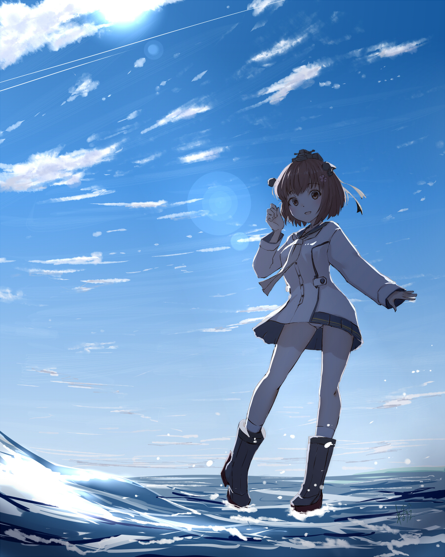 1girl blue_sky brown_eyes brown_hair cherry_blossoms clouds day dress flower full_body hair_flower hair_ornament headgear kantai_collection long_sleeves neve ocean outdoors panties remodel_(kantai_collection) sailor_dress short_hair sky solo standing standing_on_liquid underwear white_panties yukikaze_(kancolle)