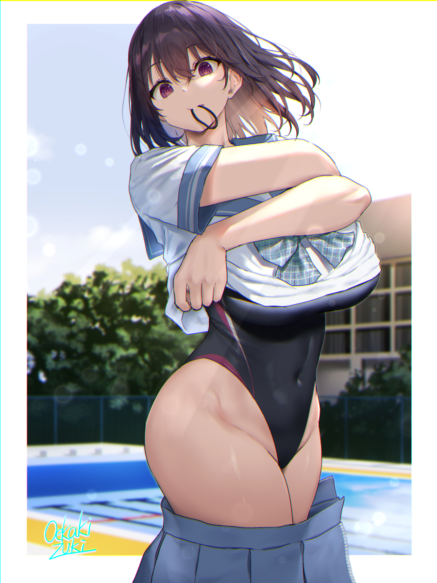 1girl bangs blush breasts brown_hair clothes_pull highres large_breasts looking_at_viewer oekakizuki one-piece_swimsuit original shirt_lift skirt skirt_pull smile solo swimsuit thick_thighs thighs