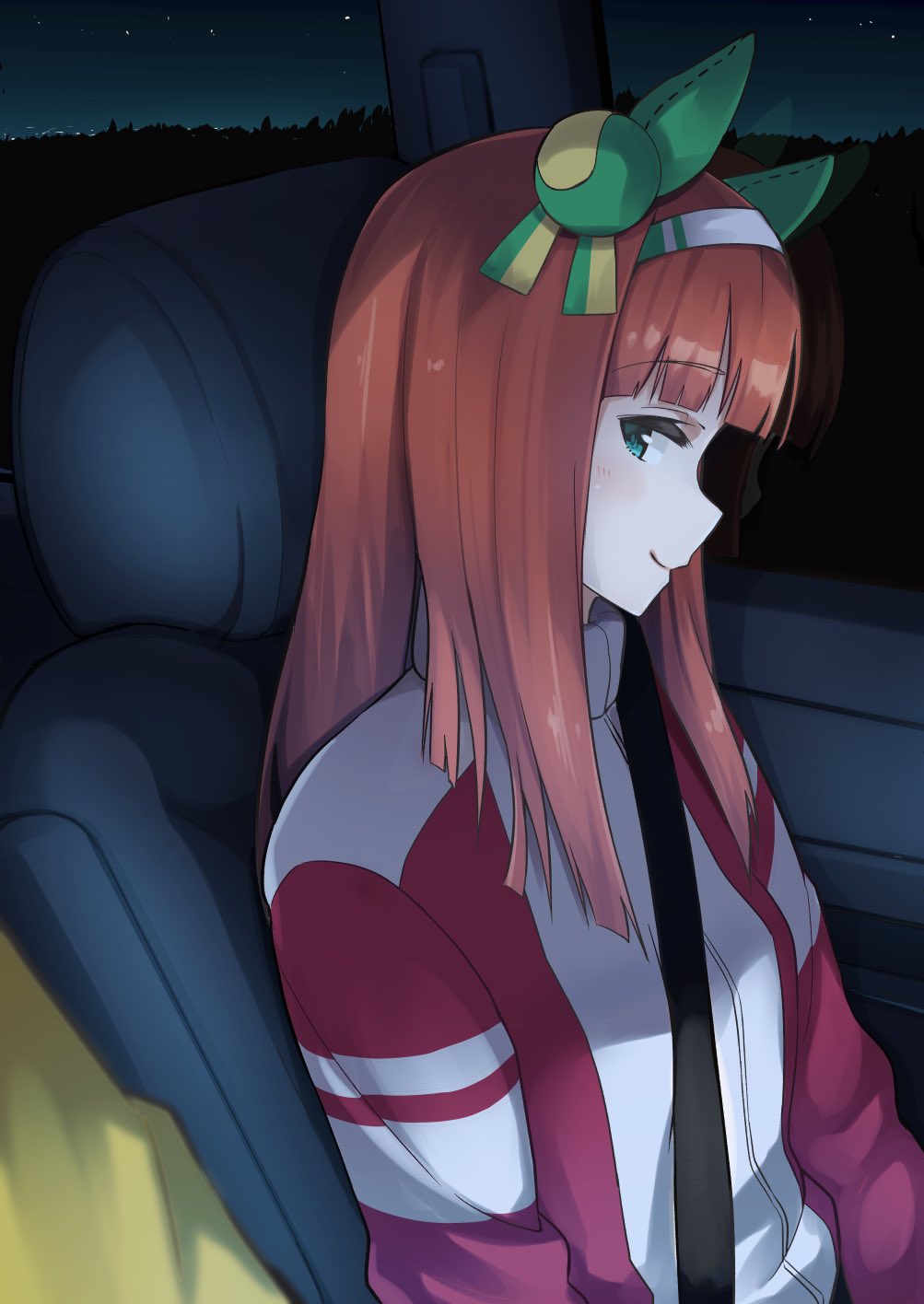 1girl animal_ears blue_eyes car_interior commentary_request ear_covers eyebrows_visible_through_hair hairband highres horse_ears horse_girl jacket long_hair long_sleeves looking_at_viewer negahami night orange_hair profile reflection safety_belt silence_suzuka_(umamusume) smile solo_focus track_jacket umamusume