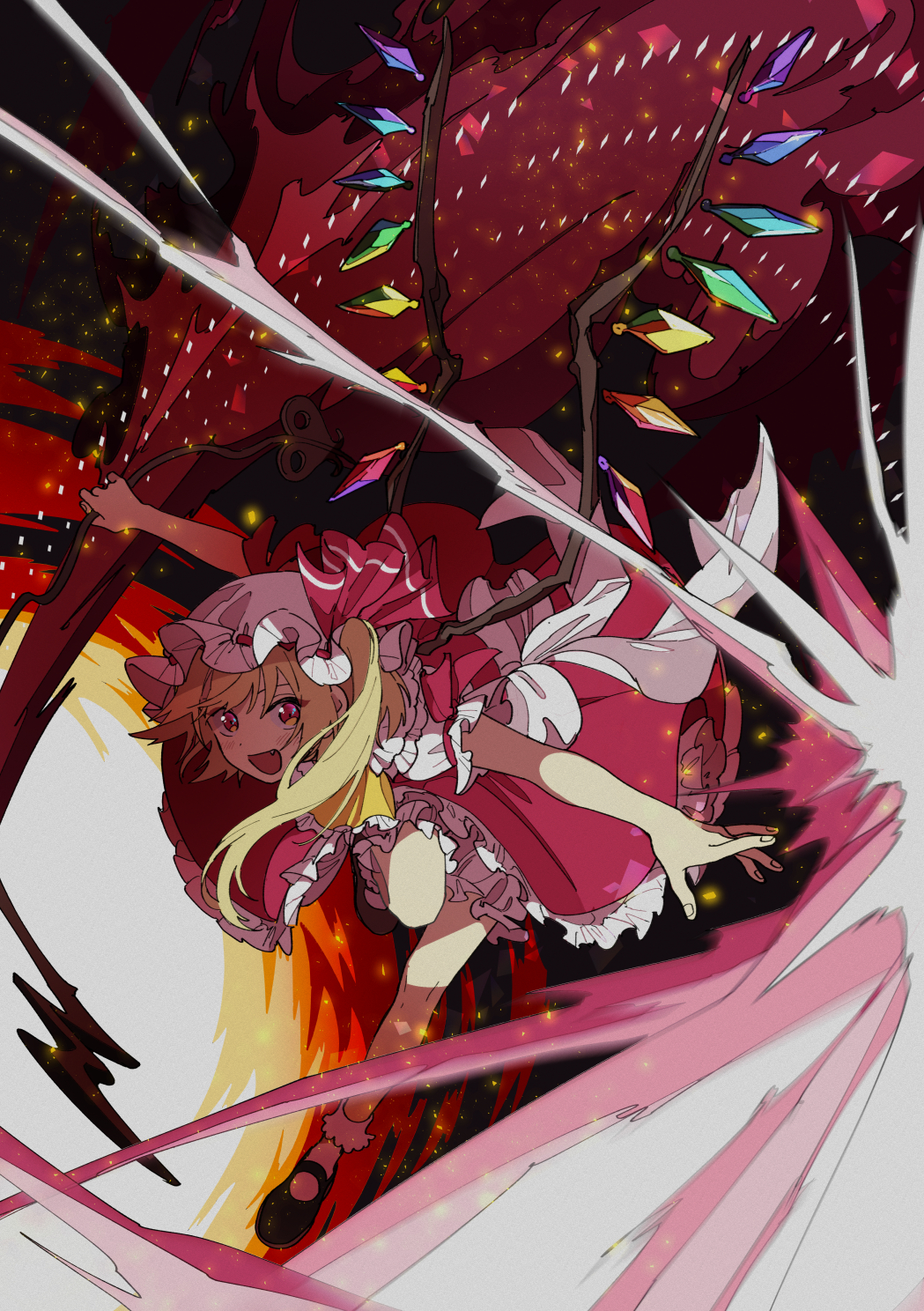 1girl :d ascot blonde_hair chizu_(mikankanntenn) crystal danmaku flandre_scarlet frilled_shirt_collar frilled_skirt frilled_sleeves frills hat hat_ribbon highres holding holding_weapon laevatein leg_up looking_at_viewer mob_cap one_side_up open_mouth outstretched_arms puffy_short_sleeves puffy_sleeves rainbow_order red_eyes red_vest ribbon short_hair short_sleeves side_ponytail skirt skirt_lift skirt_set smile solo spread_arms touhou vest waist_bow weapon wings