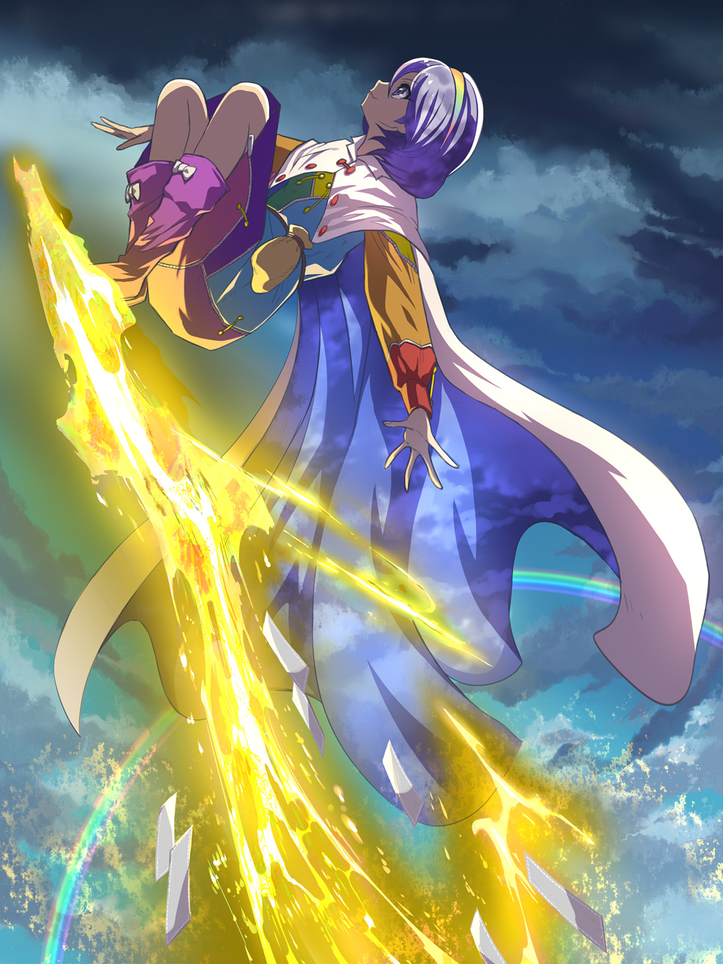 1girl blue_eyes blue_hair boots cape highres lightning multicolored_clothes multicolored_hairband patchwork_clothes purple_footwear rainbow_gradient riding shope short_hair sky_print solo tenkyuu_chimata touhou zipper