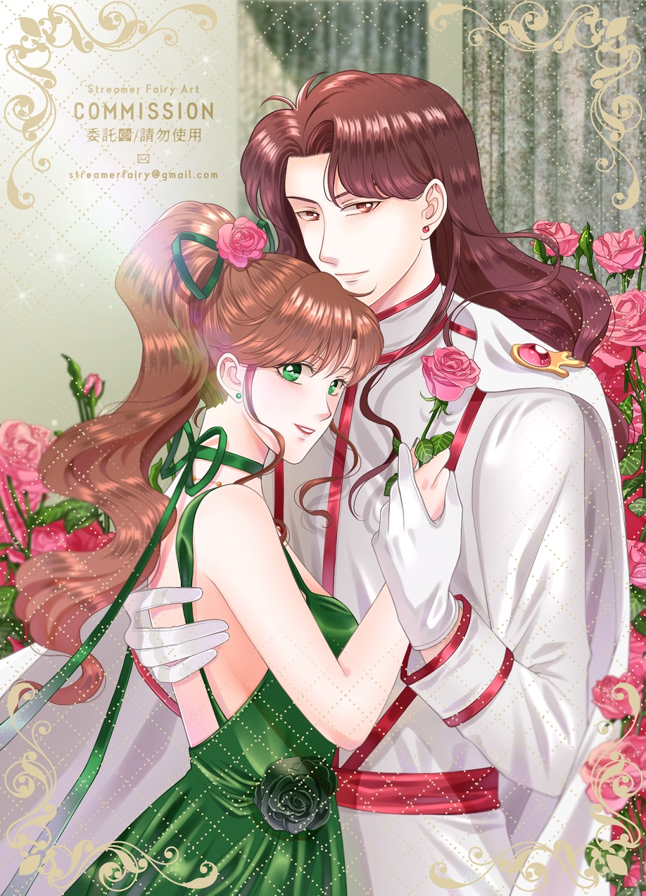 1boy 1girl backless_dress backless_outfit bishoujo_senshi_sailor_moon brown_eyes brown_hair cape card_(medium) choker commission couple dress earrings email_address floating_hair flower green_choker green_dress green_eyes green_ribbon hair_flower hair_ornament hair_ribbon hetero high_ponytail highres holding_hands jewelry kino_makoto koya long_hair looking_at_viewer nephrite_(sailor_moon) pink_flower pink_rose ribbon ribbon_choker rose shiny shiny_hair sleeveless sleeveless_dress white_cape