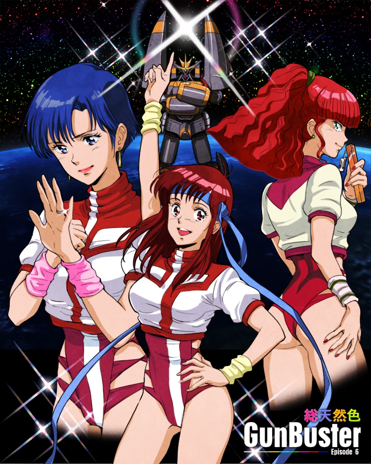 3girls amano_kazumi arm_up ass blue_eyes blue_hair blue_headband brown_eyes commentary_request cowboy_shot crop_top cropped_legs earrings earth_(planet) green_eyes gunbuster gunbuster_pose headband highres index_finger_raised jewelry jung_freud kei-co leotard long_hair mecha multiple_girls nail_polish pink_leotard planet ponytail profile red_leotard red_nails redhead retro_artstyle ring short_hair short_sleeves space sparkle super_robot takaya_noriko top_wo_nerae! wristband