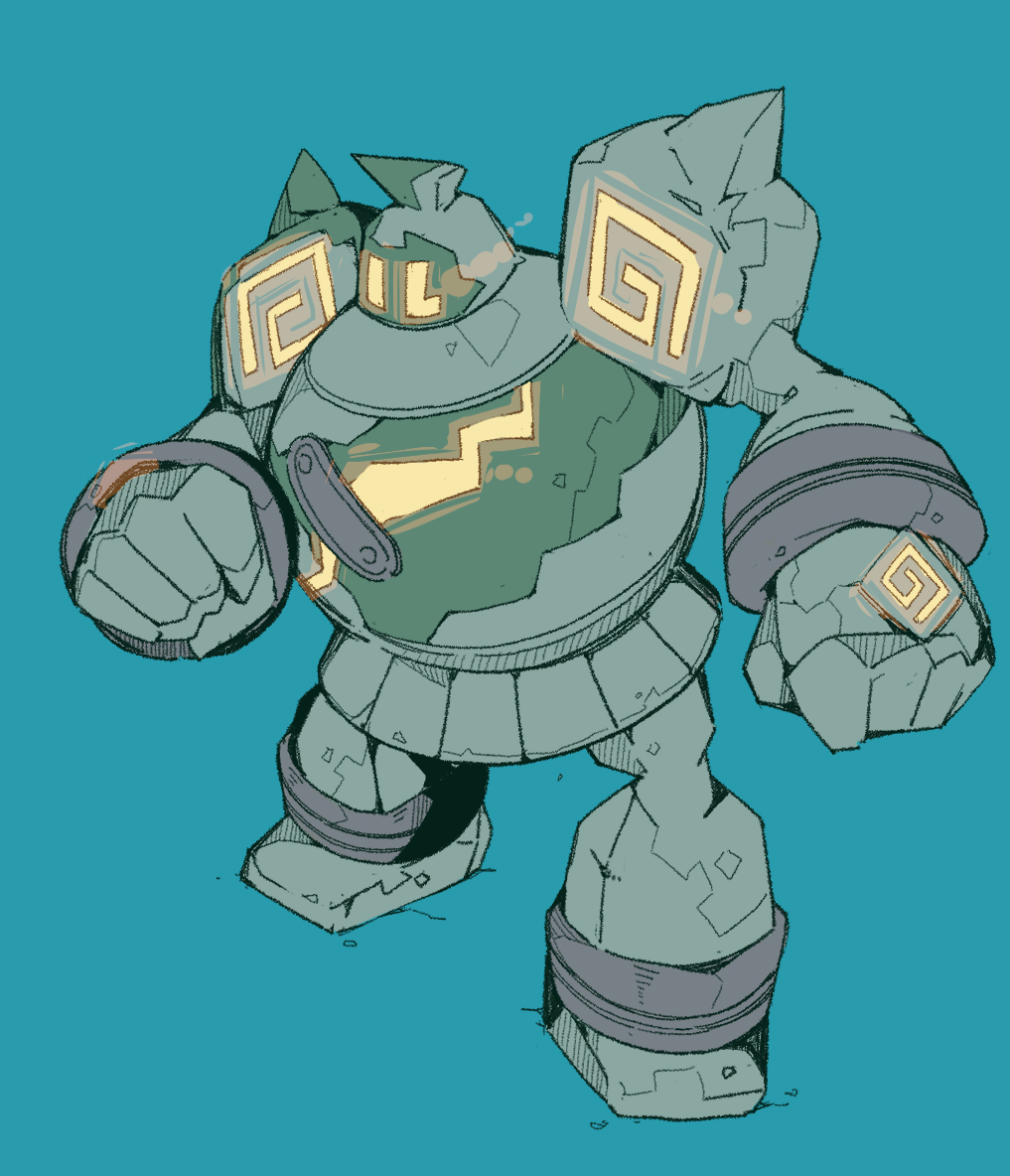 blue_background clenched_hands full_body gen_5_pokemon golem golurk ma_sakasama no_humans pokemon pokemon_(creature) simple_background solo standing