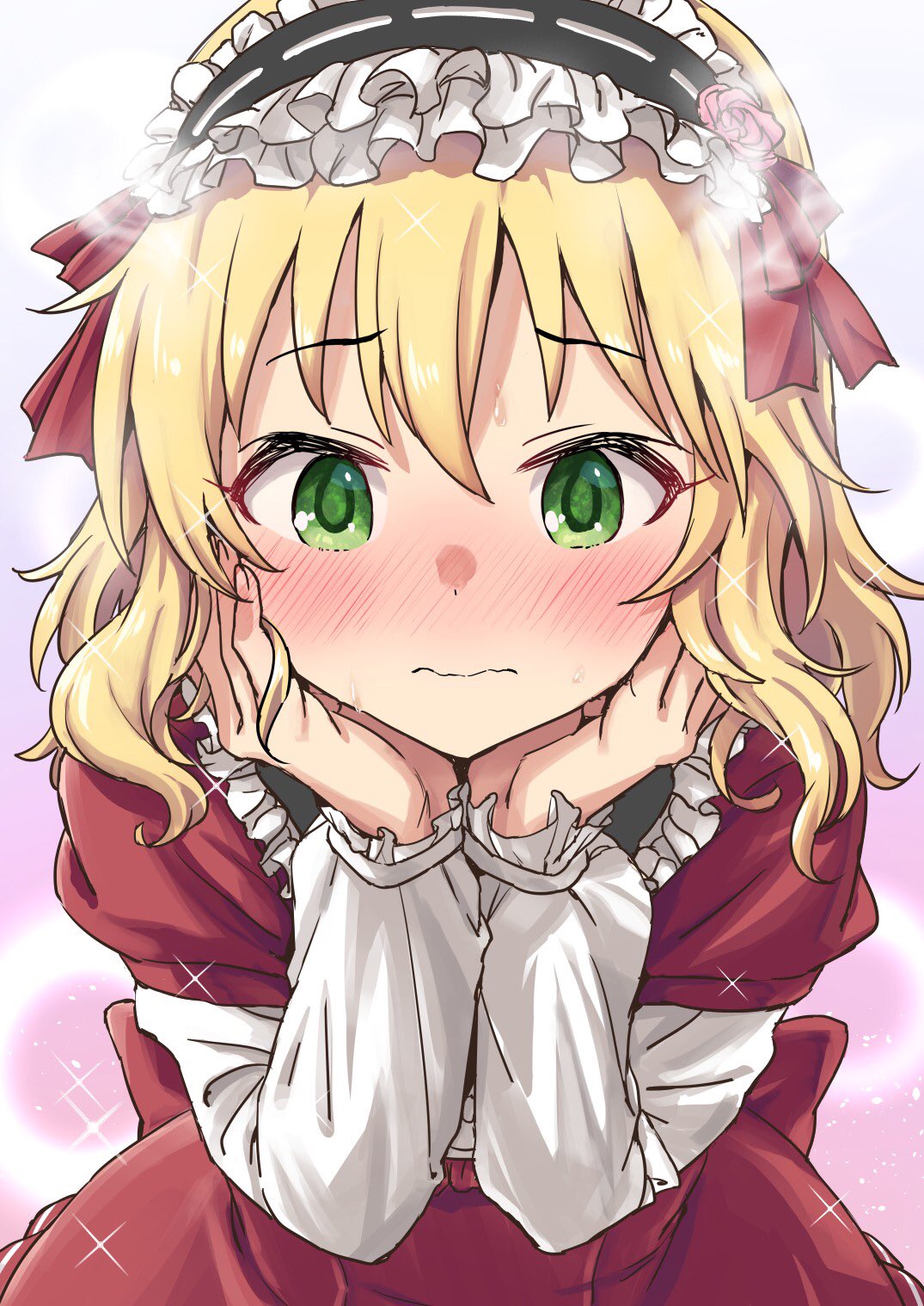 1girl blonde_hair blush collar commentary_request dress embarrassed eyebrows_visible_through_hair flower frilled_collar frilled_hairband frilled_sleeves frills green_eyes hair_ribbon hairband hands_on_own_face highres idolmaster idolmaster_cinderella_girls lolita_fashion lolita_hairband long_sleeves nose_blush red_dress red_ribbon ribbon rose sakurai_momoka short_hair solo sparkle starheart steaming_body sweat upper_body wavy_hair wavy_mouth